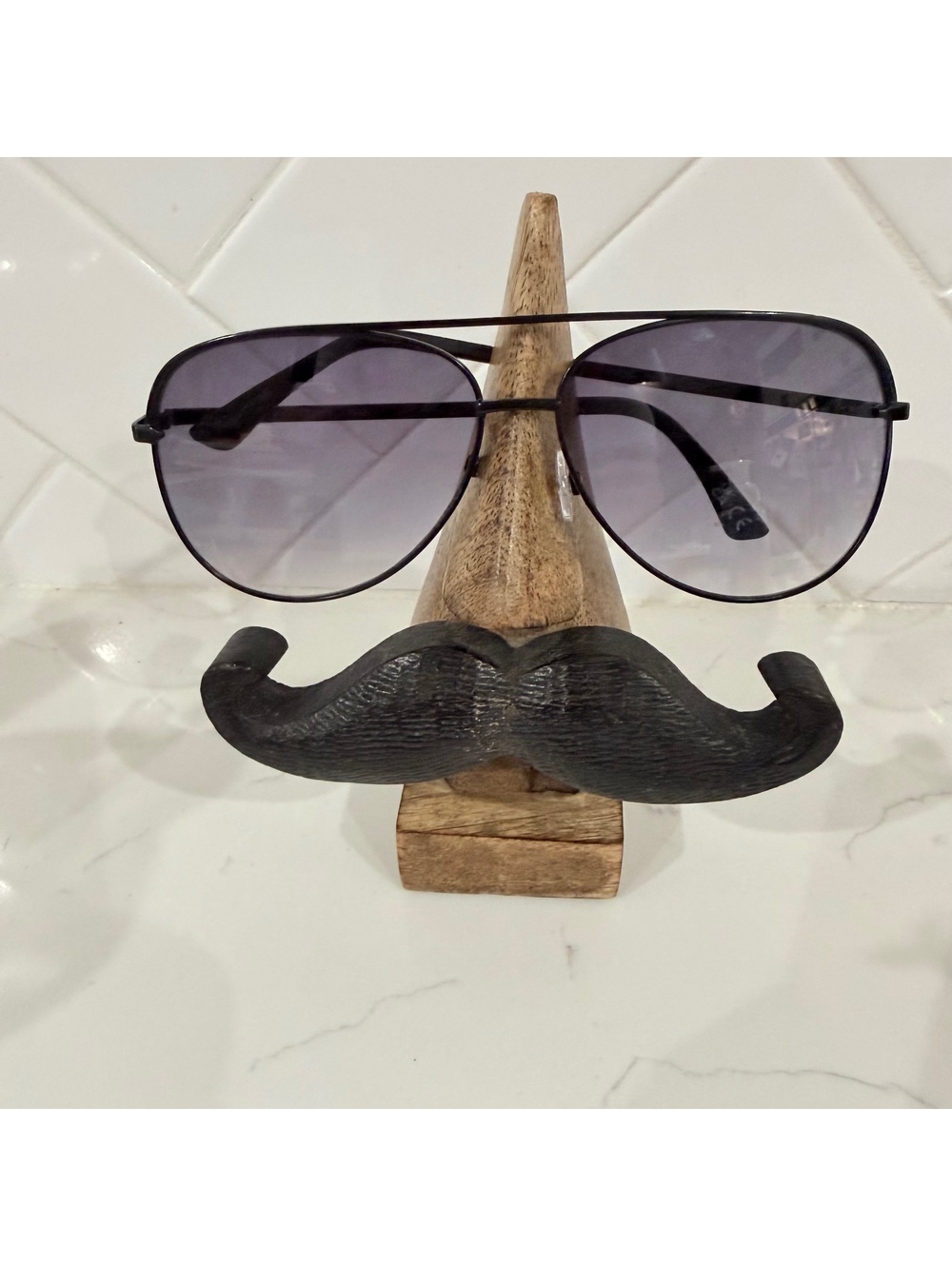 Hand Carved Wood Eyeglasses Holder Stand Nose Black Mustache India 7” Novelty
